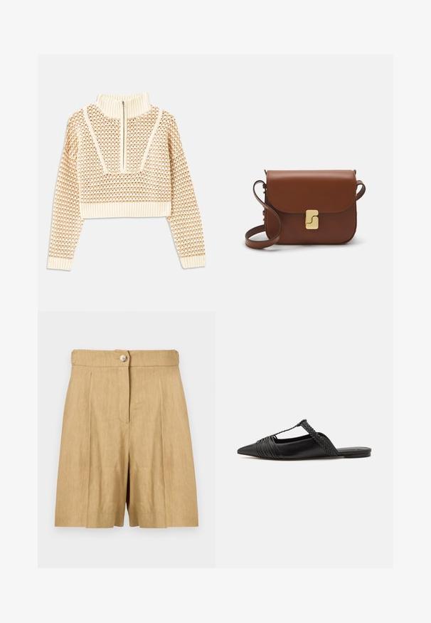 Világos bézs cropped pulóver, cipzáras álló gallérral, mely texturált mintával és bordás mandzsettával, valamint szegéllyel rendelkezik. A kötött és szőtt anyagok kombinációja.; Beige vászonsort, struktúrált derékpánttal, egy elülső gombbal és két elülső plissével a formális megjelenésért.; Fekete bőr slingback cipő hegyes orral, szőtt díszítéssel és redőzött felső dizájnnal. Lapos talp minimális hardverrel.; Barna bőr kézitáska, hajtókás zárással, arany színű fém kiegészítőkkel, vállpánttal és sima felülettel. Kompakt téglalap alakú.