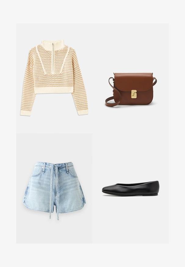 Pull en beige clair court avec un col montant zippé, présentant un motif texturé et des poignets et un ourlet côtelés. Combine des matériaux tricotés et tissés.; Shorts en denim bleu clair avec une taille à cordon, cinq poches et des bords effilochés. Le tissu a une texture usée.; Paul Smith TOPANGA - Ballerines - black; Sac à main en cuir marron avec une fermeture à rabat, des accents en métal doré, une bandoulière et une texture lisse. Forme rectangulaire compacte.