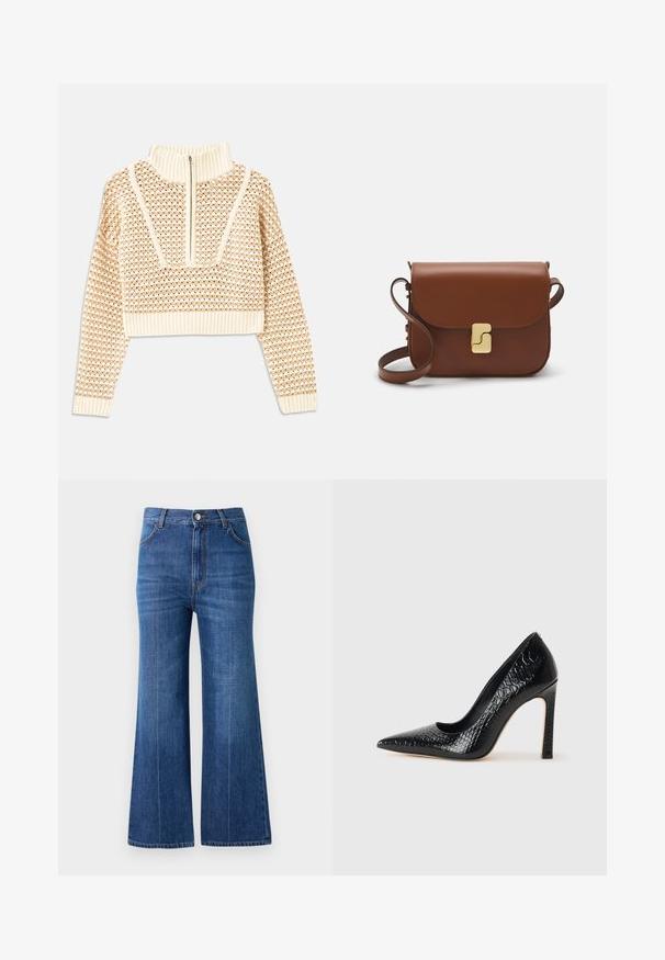 Světle béžový zkrácený svetr s doplňkovým zipem a imitací límce, zdobený texturovaným vzorem a pletenými manžetami a lemem. Kombinuje pletené a tkané materiály.; Džínové kalhoty s širokými nohavicemi v tmavě modrém denimovém provedení, s vysokým pasem, jemným omytem a klasickým designem pěti kapes. Šité kontrastní nití.; Černý lodičkový bot s špičatou špičkou, pokrytý texturou krokodýlí kůže, s elegantním designem, vysokým stiletto podpatkem a hladkým černým interiérem.; Hnědá kožená kabelka s klopou, zlatými kovovými detaily, ramenním popruhem a hladkým povrchem. Kompaktní obdélníkový tvar.