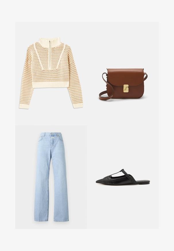 Gaišas bezgaismas īsais džemperis ar rāvējslēdzēju un stāvošu apkakli, ar faktūru rakstu un ribinātām piedurknēm un apakšmalu. Apvieno adītus un audumus.; Gaiši zili plataji džinsi, kas izgatavoti no denima; tiem ir piecu kabatu dizains, priekšējā pogu aizdare un smalkas izbalēšanas uz auduma.; Melnas ādas slingback kurpes ar norādītu purngali, kurām ir austoša akcenta un krokota augšdaļa. Plakana zole ar minimālu aparatūru.; Bordo ādas rokas soma ar atloku, zeltītām detaļām, plecu siksnu un gludu virsmu. Kompakta, taisnstūrveida forma.