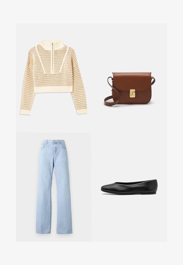 Light beige cropped sweater with a zippered mock neck, featuring a textured pattern and ribbed cuffs and hem. Combines knit and woven materials.; Light blue wide-leg jeans made of denim; features a five-pocket design, front button closure, and subtle fading on the fabric.; Paul Smith TOPANGA - Ballet pumps - black; Brown leather handbag with a flap closure, gold-tone hardware, a shoulder strap, and a smooth texture. Compact rectangular shape.