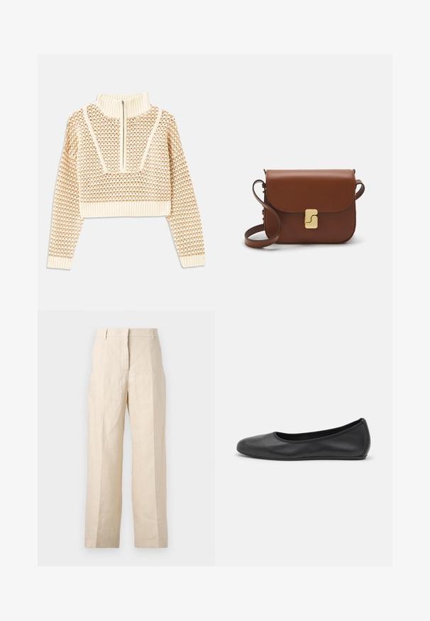 Light beige cropped sweater with a zippered mock neck, featuring a textured pattern and ribbed cuffs and hem. Combines knit and woven materials.; Beige linen trousers with a loose fit, pleated front, and straight legs. Features a waistband with belt loops and no visible pockets.; Black leather ballet flat with a rounded toe, smooth texture, minimal stitching detail, and a flexible sole design.; Brown leather handbag with a flap closure, gold-tone hardware, a shoulder strap, and a smooth texture. Compact rectangular shape.