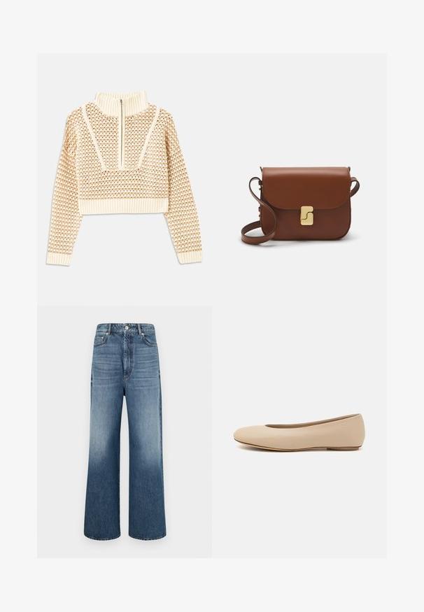 Gaišas bezgaismas īsais džemperis ar rāvējslēdzēju un stāvošu apkakli, ar faktūru rakstu un ribinātām piedurknēm un apakšmalu. Apvieno adītus un audumus.; Platās kājas džinsi gaiši ziliem denimi. Satur pogu aizdari, piecas kabatas un vieglu izbalējumu. Tīrs dizains ar taisnu griezumu.; Bežs ādas deju zābaciņš ar noapaļu purngalu, minimālu šuvju detaļām, zemu papēdi un diskrētu logotipu aizmugurē. Gluda, matēta tekstūra.; Bordo ādas rokas soma ar atloku, zeltītām detaļām, plecu siksnu un gludu virsmu. Kompakta, taisnstūrveida forma.