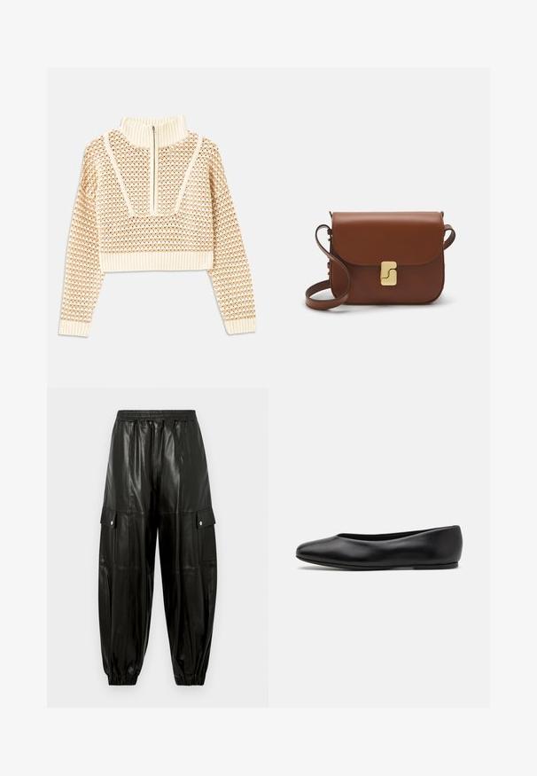 Pull en beige clair court avec un col montant zippé, présentant un motif texturé et des poignets et un ourlet côtelés. Combine des matériaux tricotés et tissés.; Pantalon cargo noir en similicuir avec taille élastique, poches à rabat à boutons-pression sur les côtés, et poignets élastiques aux chevilles.; Paul Smith TOPANGA - Ballerines - black; Sac à main en cuir marron avec une fermeture à rabat, des accents en métal doré, une bandoulière et une texture lisse. Forme rectangulaire compacte.