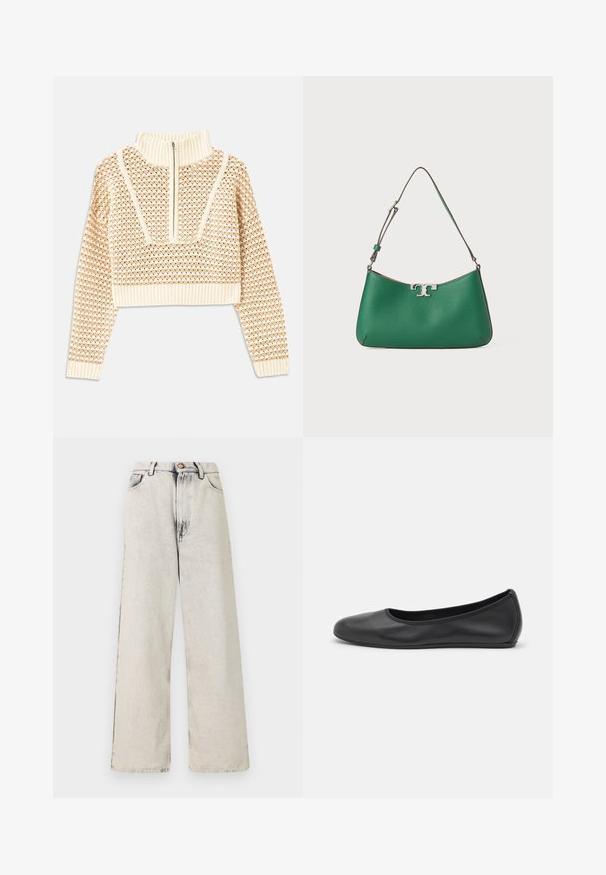 Gaišas bezgaismas īsais džemperis ar rāvējslēdzēju un stāvošu apkakli, ar faktūru rakstu un ribinātām piedurknēm un apakšmalu. Apvieno adītus un audumus.; Platmalim džinsi gaiši bežā krāsā ar izbalējušiem, nolietotiem akcentiem. Satur piecas kabatas un metāla pogu aizdari jostasvietā.; Melna ādas baleta kurpe ar noapaļotu purngalu, gludu tekstūru, minimālu šuvju detalizāciju un elastīgu zoles dizainu.; Zaļa ādas rokassoma ar izliekta forma, sudraba aksesuārs, teksturēta virsma un viena regulējama plecu siksna.