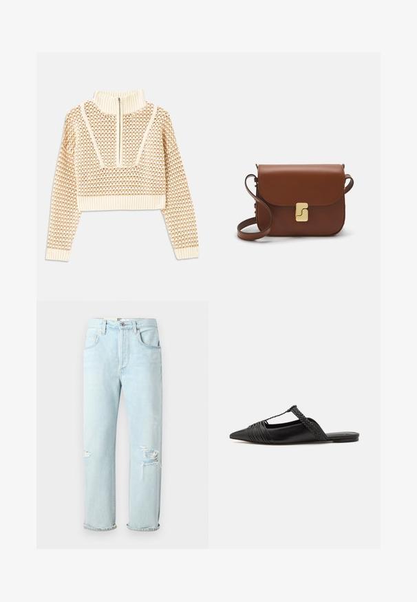 Šviesiai kreminis sutrumpintas megztinis su užtrauktuku ir apykakle, turintis tekstūruotą raštą bei gaubtus ir apykaklę su banguotais kraštais. Sujungia megztą ir audinį.; Šviesiai mėlyni džinsai su laisvu siluetu, su pažeidimais priekyje, surištais rankovėmis ir klasikinio penkių kišenių dizainu.; Juodos odinės slingback bateliai su smailiu pirštu, turintys audinį akcentą ir raukšlėtą viršutinį dizainą. Lygus padas su minimaliais aksesuarais.; Ruda odinė rankinė su uždaromu dangteliu, aukso spalvos detalėmis, petneša ir lygiu paviršiumi. Kompaktiška stačiakampio formos.