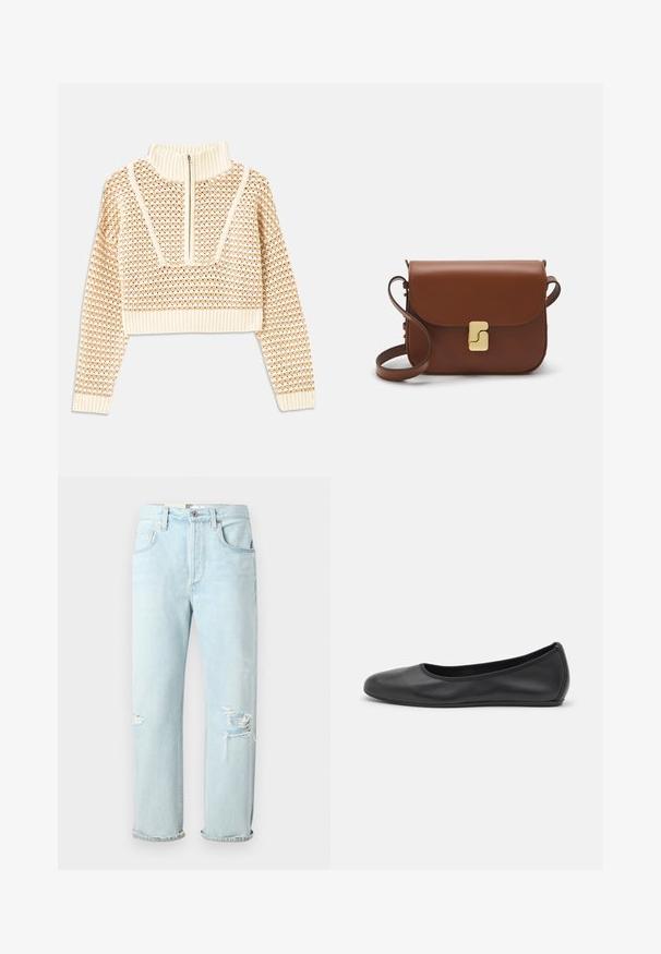 Vaalea beige lyhyt neulepusero, jossa on vetoketjukiinnitteinen korkea kaulus. Se esittelee teksturoidun kuosin ja ribbireunat hihoissa ja helmassaan. Yhdistelmä neulotusta ja kudotusta materiaalista.; Vaaleansiniset farkut, joissa on rento istuvuus. Edessä on kulutettuja reikiä, käännetyt lahkeet ja klassinen viiden taskun muotoilu.; Musta nahkainen ballerina, jossa on pyöristetty kärki, sileä pinta, minimaalinen ommelkoristelu ja joustava pohjamuotoilu.; Ruskea nahkainen käsilaukku, jossa on läppäkiinnitys, kultasävyiset yksityiskohdat, olkahihna ja sileä pinta. Kompaktin suorakaiteen muotoinen.