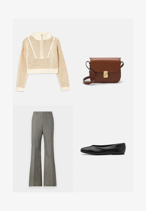 Light beige cropped sweater with a zippered mock neck, featuring a textured pattern and ribbed cuffs and hem. Combines knit and woven materials.; Gray flared trousers made of textured fabric, featuring a tailored fit, subtle plaid pattern, and front creases for a refined appearance.; Paul Smith TOPANGA - Ballet pumps - black; Brown leather handbag with a flap closure, gold-tone hardware, a shoulder strap, and a smooth texture. Compact rectangular shape.