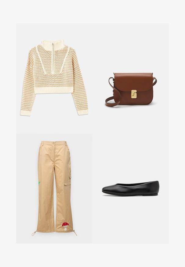 Light beige cropped sweater with a zippered mock neck, featuring a textured pattern and ribbed cuffs and hem. Combines knit and woven materials.; Beige cargo pants made from smooth fabric, featuring an embroidered mushroom and palm leaf, adjustable hem, and side pockets.; Paul Smith TOPANGA - Ballet pumps - black; Brown leather handbag with a flap closure, gold-tone hardware, a shoulder strap, and a smooth texture. Compact rectangular shape.