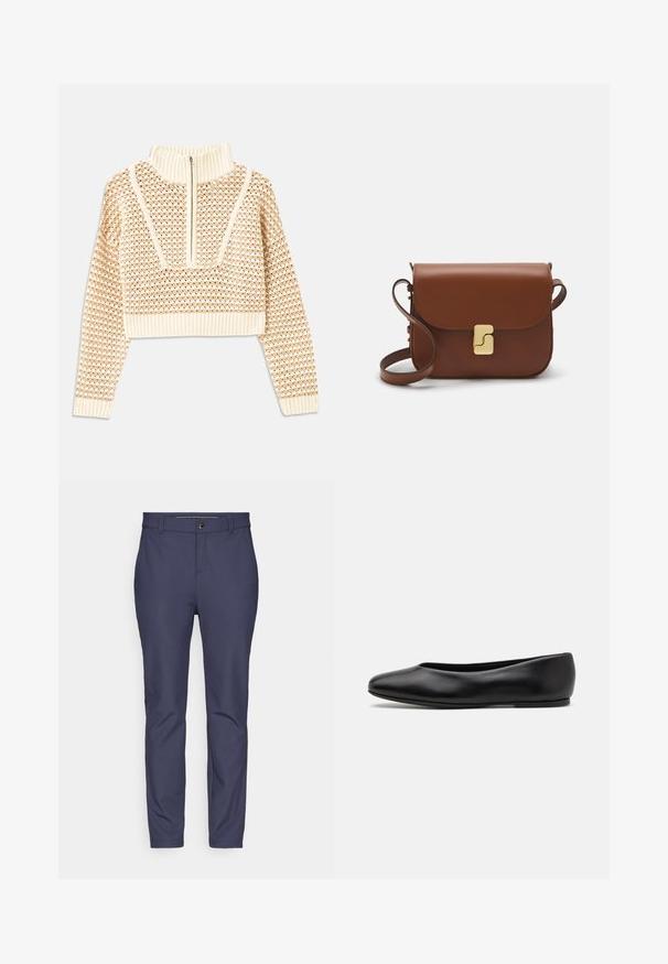 Light beige cropped sweater with a zippered mock neck, featuring a textured pattern and ribbed cuffs and hem. Combines knit and woven materials.; Navy blue pants made of stretchy fabric with a smooth texture, featuring a standard waistband with a button closure and tapered legs.; Paul Smith TOPANGA - Ballet pumps - black; Brown leather handbag with a flap closure, gold-tone hardware, a shoulder strap, and a smooth texture. Compact rectangular shape.