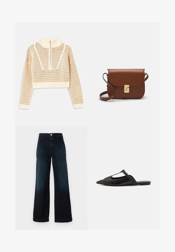 Helles, beigefarbenes, kurzes Sweatshirt mit einem Reißverschlusskragen, das ein strukturiertes Muster sowie gerippte Bündchen und Saum aufweist. Kombiniert Strick- und Webmaterialien.; Dunkelblaue weit geschnittene Jeans aus Denim mit hoher Taille, Fronttaschen und einem vorderen Knopfverschluss. Glatte Textur mit leichtem Verblassen.; Schwarzer Leder-Slingback-Schuh mit spitzem Zehenbereich, ausgestattet mit einem geflochtenen Akzent und einem gefalteten Oberdesign. Flache Sohle mit minimalem Zubehör.; Braune Ledertasche mit Klappenverschluss, Beschlägen in Goldfarbe, einem Schultergurt und einer glatten Oberfläche. Kompakte rechteckige Form.