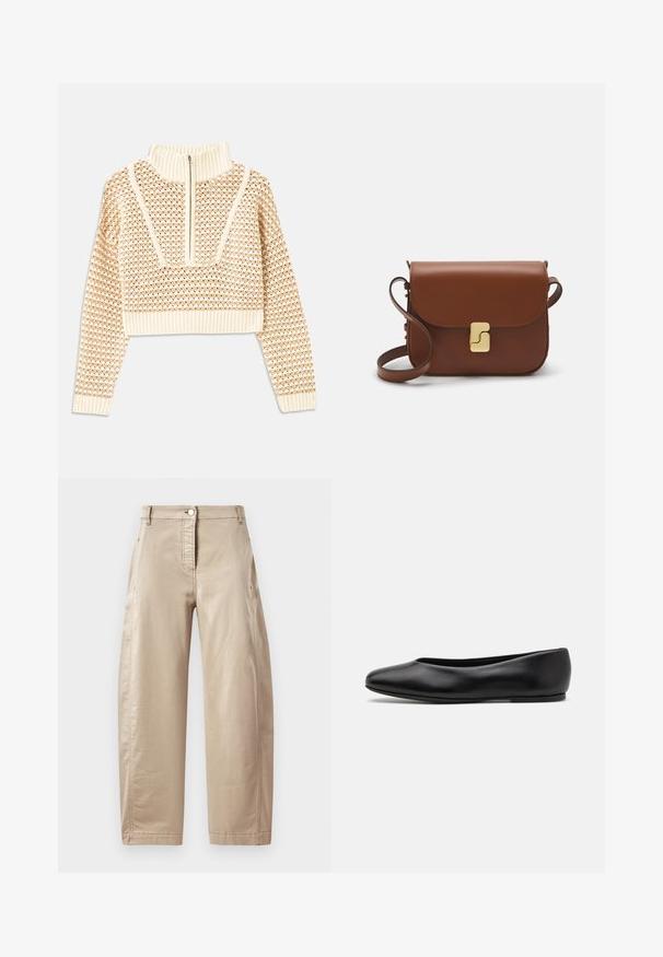 Vaalea beige lyhyt neulepusero, jossa on vetoketjukiinnitteinen korkea kaulus. Se esittelee teksturoidun kuosin ja ribbireunat hihoissa ja helmassaan. Yhdistelmä neulotusta ja kudotusta materiaalista.; Beige levelekk trousers i en glatt bomullsblanding, med frontknappstenging, sidelommer og synlige sømdetaljer.; Paul Smith TOPANGA - Ballerinat - black; Ruskea nahkainen käsilaukku, jossa on läppäkiinnitys, kultasävyiset yksityiskohdat, olkahihna ja sileä pinta. Kompaktin suorakaiteen muotoinen.