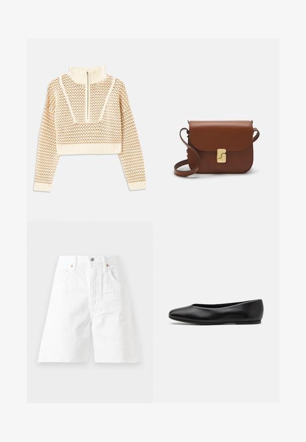Svijetlo bež skraćeni džemper s rajsferšlusom i visokom ovratnikom, s teksturiranim uzorkom i rebrastim rukavima i rubom. Kombinira pletivo i tkaninu.; Bijele traper kratke hlače s visokim strukom, dizajnom s pet džepova i zatvaračem. Sadrže hardver u boji bakra i opušteni kroj.; Paul Smith TOPANGA - Balerinke - black; Smeđa kožna torba s preklopom, zlatnim detaljima, remenom za nošenje preko ramena i glatkom teksturom. Kompaktni pravokutni oblik.