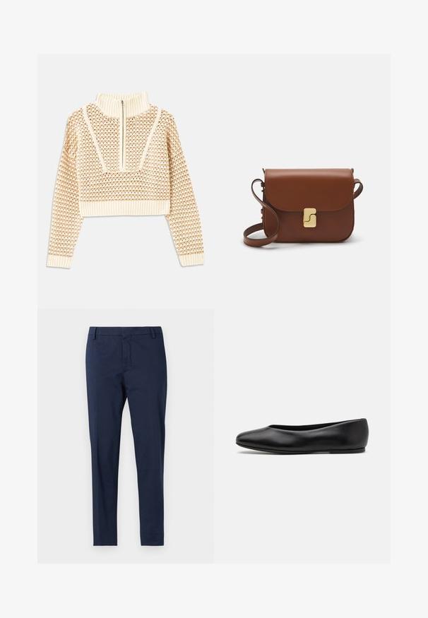 Light beige cropped sweater with a zippered mock neck, featuring a textured pattern and ribbed cuffs and hem. Combines knit and woven materials.; Navy blue tailored pants with a straight cut. Features a flat front design with no visible pockets and a smooth texture.; Paul Smith TOPANGA - Ballet pumps - black; Brown leather handbag with a flap closure, gold-tone hardware, a shoulder strap, and a smooth texture. Compact rectangular shape.