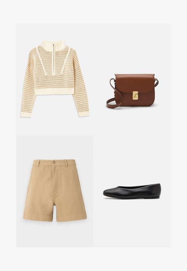 Pullover cropped beige chiaro con collo alto con zip, caratterizzato da un motivo testurizzato e polsini e orlo a coste. Combina materiali a maglia e tessuti.; Shorts beige in cotone, dal design classico con chiusura frontale a bottone e passanti per la cintura. Tessuto morbido con tasche laterali.; Paul Smith TOPANGA - Ballerine - black; Borsa a tracolla in pelle marrone con chiusura a pattina, hardware color oro, tracolla e una finitura liscia. Forma rettangolare compatta.