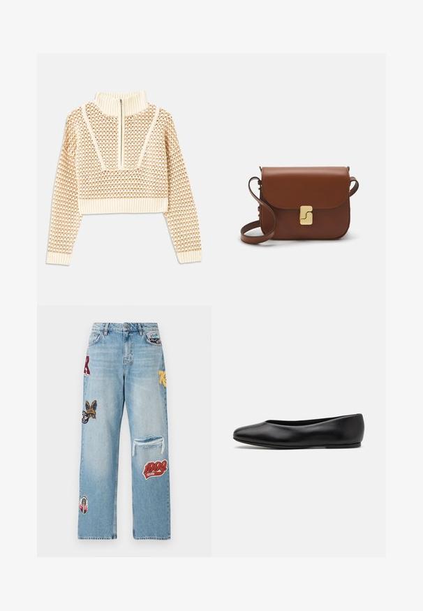 Light beige cropped sweater with a zippered mock neck, featuring a textured pattern and ribbed cuffs and hem. Combines knit and woven materials.; Light blue denim jeans featuring various patches, a distressed knee, and a wide-leg fit. Notable colors include red, yellow, and black.; Paul Smith TOPANGA - Ballet pumps - black; Brown leather handbag with a flap closure, gold-tone hardware, a shoulder strap, and a smooth texture. Compact rectangular shape.