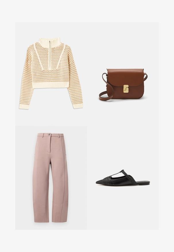 Gaišas bezgaismas īsais džemperis ar rāvējslēdzēju un stāvošu apkakli, ar faktūru rakstu un ribinātām piedurknēm un apakšmalu. Apvieno adītus un audumus.; Bikses no mīksta, gaiši rozā auduma ar taisnu griezumu, ar priekšējo rāvējslēdzēju, pogu aizdari un sānu kabatām. Gluda tekstūra ar šuvju detaļām.; Melnas ādas slingback kurpes ar norādītu purngali, kurām ir austoša akcenta un krokota augšdaļa. Plakana zole ar minimālu aparatūru.; Bordo ādas rokas soma ar atloku, zeltītām detaļām, plecu siksnu un gludu virsmu. Kompakta, taisnstūrveida forma.