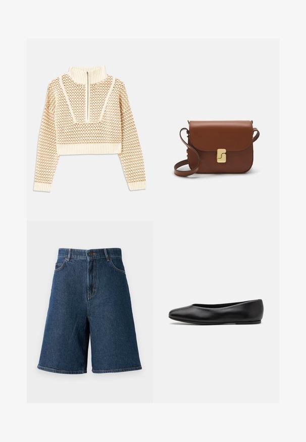 Jasnobeżowy krótki sweter z zapięciem na zamek błyskawiczny przy kołnierzu w stylu stójki, z teksturowanym wzorem oraz prążkowanymi mankietami i dołem. Łączy materiały dziane i tkane.; Ciemnoniebieskie dżinsowe szorty z wysokim stanem, pięcioma kieszeniami i prostym krojem. Posiadają widoczne szwy oraz zapięcie z przodu na guzik.; Paul Smith TOPANGA czarny; Brązowa skórzana torebka na ramię z klapką, złotymi detalami, paskiem na ramię i gładką teksturą. Kompaktowy prostokątny kształt.