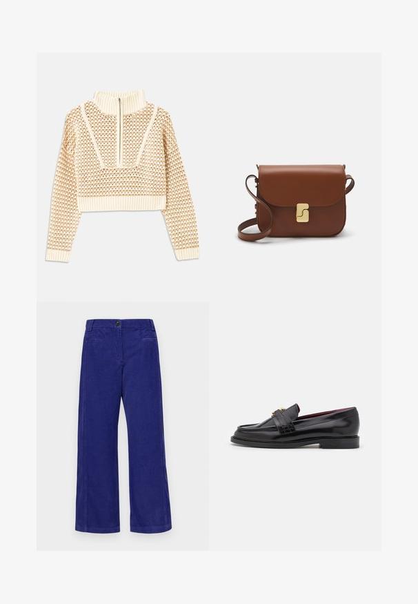 Svetilka svetlo bež barve s krajšim krojem in zadrgo na ovratniku, ki ima strukturiran vzorec ter rebraste manšete in spodnji rob. Združuje pletene in tkane materiale.; Široke hlače iz žameta v temno modri barvi. Imajo gumbasto zapiranje, dva sprednja žepa in subtilno navpično rebrasto teksturo.; Črne usnjene loafers čevlje z nežnim vzorcem, gladko teksturo, podrobnostmi z zlatimi zaponkami in zaobljenim prednjim delom, postavljeni na nizkem črnem podplatu.; Rjava usnjena torbica s poklopcem, zlato obarvani okovi, naramnica in gladka tekstura. Kompaktna pravokotna oblika.