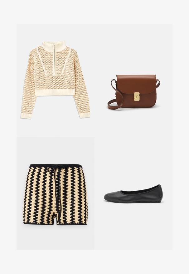 Light beige cropped sweater with a zippered mock neck, featuring a textured pattern and ribbed cuffs and hem. Combines knit and woven materials.; Black and beige crochet swim shorts with a drawstring waist, featuring a textured pattern in alternating colors and a mid-thigh length.; Black leather ballet flat with a rounded toe, smooth texture, minimal stitching detail, and a flexible sole design.; Brown leather handbag with a flap closure, gold-tone hardware, a shoulder strap, and a smooth texture. Compact rectangular shape.