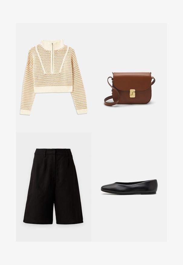Licht beige cropped sweater met een ritskraag, voorzien van een textuurpatroon en geribde manchetten en onderrand. Combineert gebreide en geweven materialen.; Zwarte shorts in een losse pasvorm, gemaakt van lichtgewicht stof met een gladde textuur. Voorzien van een platte tailleband en minimale details.; Paul Smith TOPANGA - Ballerina's - black; Bruine leren handtas met een klep sluiting, gouden hardware, een schouderband en een gladde textuur. Compact rechthoekige vorm.
