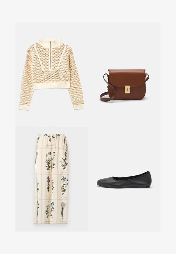 Vaalea beige lyhyt neulepusero, jossa on vetoketjukiinnitteinen korkea kaulus. Se esittelee teksturoidun kuosin ja ribbireunat hihoissa ja helmassaan. Yhdistelmä neulotusta ja kudotusta materiaalista.; Hame kukkakuosisella, jossa on beige tausta, joustava vyötärö ja kuvastuksia eri kukista vihreissä, purppurassa ja sinisissä sävyissä.; Musta nahkainen ballerina, jossa on pyöristetty kärki, sileä pinta, minimaalinen ommelkoristelu ja joustava pohjamuotoilu.; Ruskea nahkainen käsilaukku, jossa on läppäkiinnitys, kultasävyiset yksityiskohdat, olkahihna ja sileä pinta. Kompaktin suorakaiteen muotoinen.