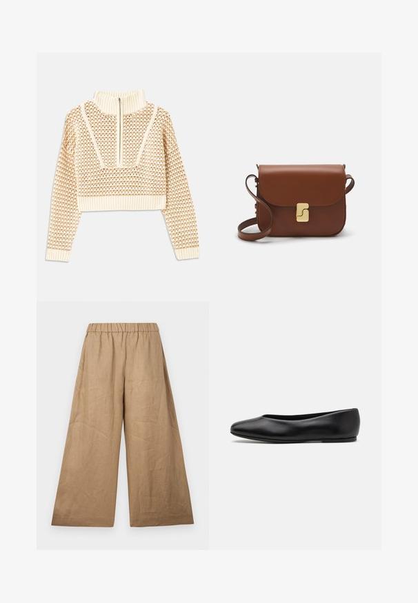 Helles, beigefarbenes, kurzes Sweatshirt mit einem Reißverschlusskragen, das ein strukturiertes Muster sowie gerippte Bündchen und Saum aufweist. Kombiniert Strick- und Webmaterialien.; Leinen-Hose mit weitem Bein in einem hellbraunen Farbton, ausgestattet mit einem gerafften elastischen Bund und einer glatten, strukturierten Oberfläche.; Paul Smith TOPANGA - Klassischer Ballerina - black; Braune Ledertasche mit Klappenverschluss, Beschlägen in Goldfarbe, einem Schultergurt und einer glatten Oberfläche. Kompakte rechteckige Form.