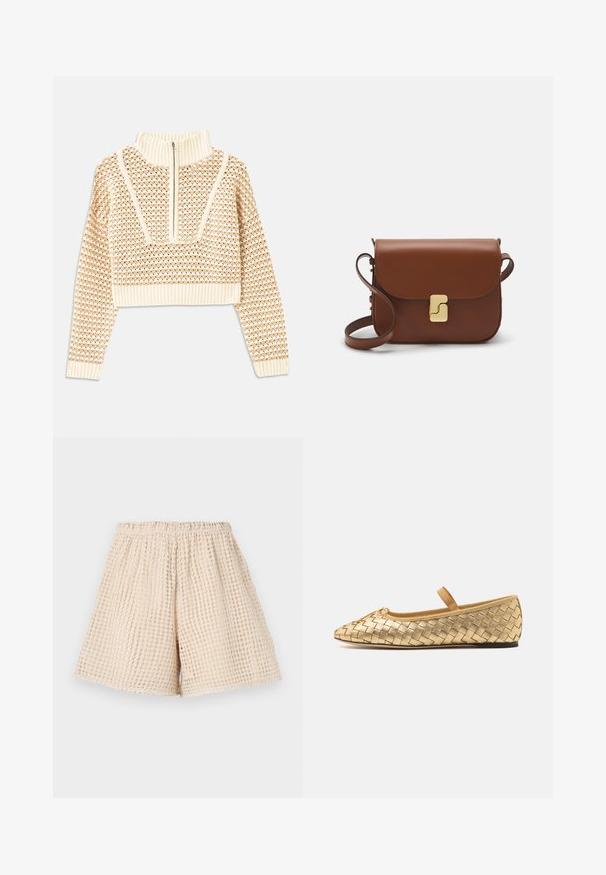 Light beige cropped sweater with a zippered mock neck, featuring a textured pattern and ribbed cuffs and hem. Combines knit and woven materials.; Beige shorts with a textured, waffle-like pattern. Elastic waistband and loose fit. Mid-thigh length. Lightweight material.; Loeffler Randall LEONIE SOFT BALLET FLAT - Ankle strap ballet pumps - gold; Brown leather handbag with a flap closure, gold-tone hardware, a shoulder strap, and a smooth texture. Compact rectangular shape.