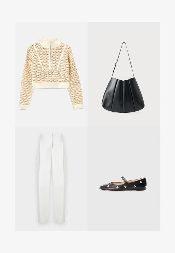 Šviesiai kreminis sutrumpintas megztinis su užtrauktuku ir apykakle, turintis tekstūruotą raštą bei gaubtus ir apykaklę su banguotais kraštais. Sujungia megztą ir audinį.; Paul Smith Kelnės - white; Juodų odinių Mary Jane plokščių batų su apvaliu pirštu, papuoštų sidabriniais apvaliais nagais ir reguliuojamu dirželiu su sagtimi.; Juodas odinis peties krepšys su raukšlėtu dizainu, lygia tekstūra, viena juosta ir subtiliu auksiniu akcentu.