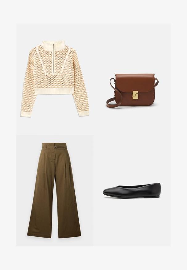 Licht beige cropped sweater met een ritskraag, voorzien van een textuurpatroon en geribde manchetten en onderrand. Combineert gebreide en geweven materialen.; Brede broek in olijfgroene stof, met een hoge taille, voorplooien en een zilveren ronde riemgesp. Soepele textuur.; Paul Smith TOPANGA - Ballerina's - black; Bruine leren handtas met een klep sluiting, gouden hardware, een schouderband en een gladde textuur. Compact rechthoekige vorm.
