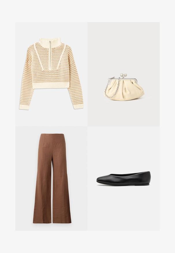 Světle béžový zkrácený svetr s doplňkovým zipem a imitací límce, zdobený texturovaným vzorem a pletenými manžetami a lemem. Kombinuje pletené a tkané materiály.; Hnědé kalhoty s širokými nohavicemi vyrobené z texturované tkaniny. Mají vysoký pas s dvěma předními záhyby a rovné, splývavé nohavice.; Paul Smith TOPANGA - Klasické baleríny - black; Plisovaná béžová kožená kabelka na psaní s rámem ze stříbrného kovu, vybavená dvěma kulatými dekorativními uzávěry a stříbrným řetízkem.
