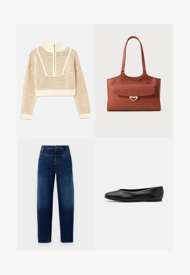 Sweater cropped de cor bege claro com gola alta com fecho, apresentando um padrão texturizado e mangas e bainha caneladas. Combina materiais tricotados e tecidos.; Jeans de ganga de cor azul escuro com um design de perna reta, cinco bolsos, fecho de botão na parte superior e costuras em laranja.; Paul Smith TOPANGA - Sabrinas - black; Bolsa tote em couro castanho com alças longas, bolso frontal com aba e fecho em forma de coração dourado gravado com "Love Moschino".