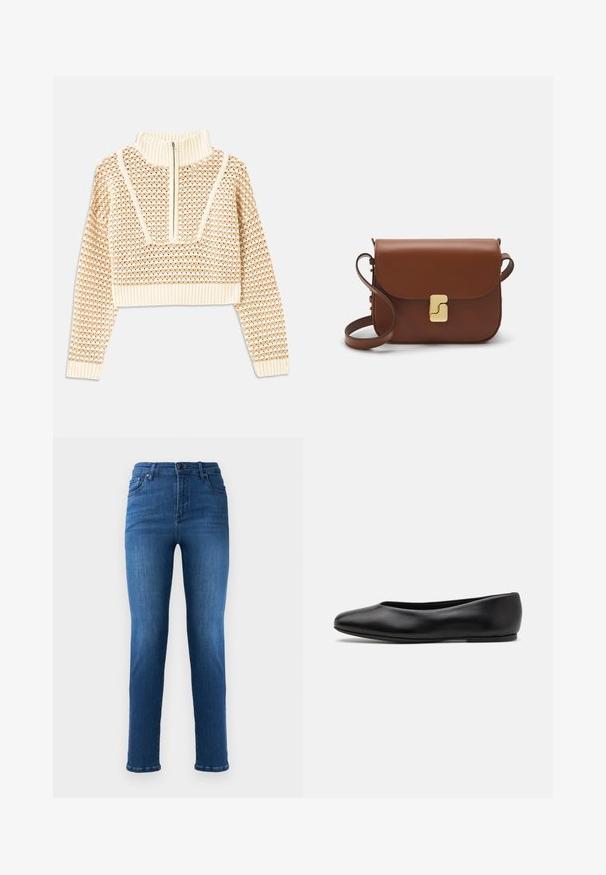 Sweater cropped de cor bege claro com gola alta com fecho, apresentando um padrão texturizado e mangas e bainha caneladas. Combina materiais tricotados e tecidos.; Jeans de denim azul com corte reto, apresentando uma fecho de botão e um fecho de zip, bolsos frontais e desbotamento subtil nas coxas.; Paul Smith TOPANGA - Sabrinas - black; Bolsa de couro castanho com fecho de aba, decoração em tom dourado, alça de ombro e textura suave. Formato retangular compacto.