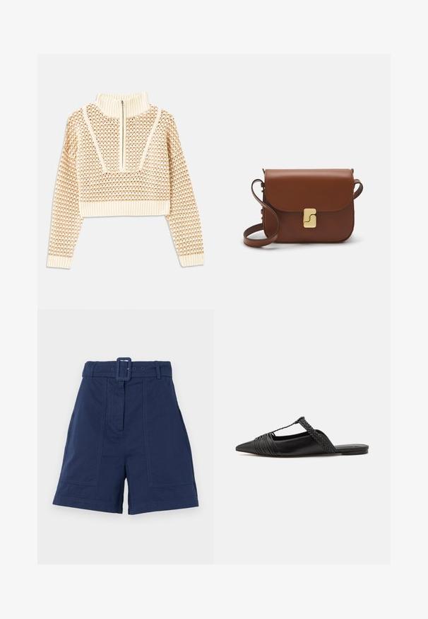 Suéter corto de un beige claro con cuello tipo chimenea con cremallera, que presenta un patrón texturizado y puños y dobladillo acanalados. Combina materiales de punto y tejido.; Pantalones cortos azul marino de algodón, con un cinturón ancho y hebilla cuadrada, dos bolsillos frontales y un diseño ajustado con un ligero pliegue.; Zapato de piel negra tipo slingback con punta afilada, que presenta un detalle trenzado y un diseño superior plisado. Suela plana con hardware mínimo.; Bolso de mano de cuero marrón con cierre de solapa, herrajes en tono dorado, correa para el hombro y una textura suave. Forma rectangular compacta.