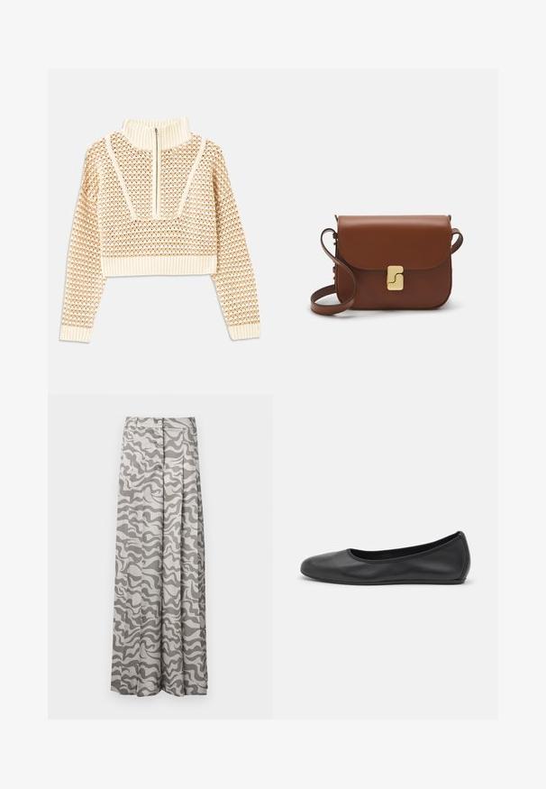 Sweater cropped de cor bege claro com gola alta com fecho, apresentando um padrão texturizado e mangas e bainha caneladas. Combina materiais tricotados e tecidos.; Calças largas em tecido leve com um padrão de camuflagem ondulado em cinza e branco, apresentando um fecho de botão e um design plissado.; Bailarina preta em pele com bico arredondado, textura suave, detalhe de costura minimalista e design de sola flexível.; Bolsa de couro castanho com fecho de aba, decoração em tom dourado, alça de ombro e textura suave. Formato retangular compacto.