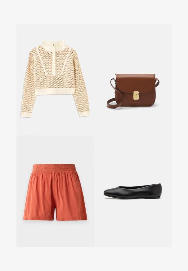 Light beige cropped sweater with a zippered mock neck, featuring a textured pattern and ribbed cuffs and hem. Combines knit and woven materials.; Terracotta shorts with an elastic waistband, made from textured fabric, feature a loose fit and subtle branding on the hem.; Paul Smith TOPANGA - Ballet pumps - black; Brown leather handbag with a flap closure, gold-tone hardware, a shoulder strap, and a smooth texture. Compact rectangular shape.