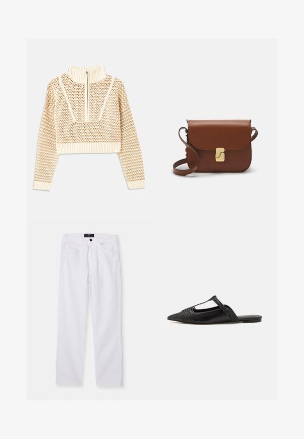 Svijetlo bež skraćeni džemper s rajsferšlusom i visokom ovratnikom, s teksturiranim uzorkom i rebrastim rukavima i rubom. Kombinira pletivo i tkaninu.; Bijele traperice s ravnim krojem, dizajnom s pet džepova i prednjim kopčanjem na prekidač. Imaju glatku teksturu i vidljive šavove.; Crne kožne cipele s remenom oko pete i šiljastim vrhom, s pletenim naglaskom i nabranim gornjim dijelom. Ravni đon s minimalnim hardverom.; Smeđa kožna torba s preklopom, zlatnim detaljima, remenom za nošenje preko ramena i glatkom teksturom. Kompaktni pravokutni oblik.