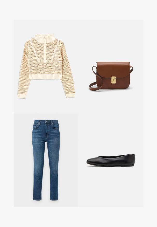 Svijetlo bež skraćeni džemper s rajsferšlusom i visokom ovratnikom, s teksturiranim uzorkom i rebrastim rukavima i rubom. Kombinira pletivo i tkaninu.; Tamno plave traperice s ravnim nogavicama, dizajnom s pet džepova i metalnim gumbom na struku. Suptilno izblijedjele i detalji šivanja.; Paul Smith TOPANGA - Balerinke - black; Smeđa kožna torba s preklopom, zlatnim detaljima, remenom za nošenje preko ramena i glatkom teksturom. Kompaktni pravokutni oblik.