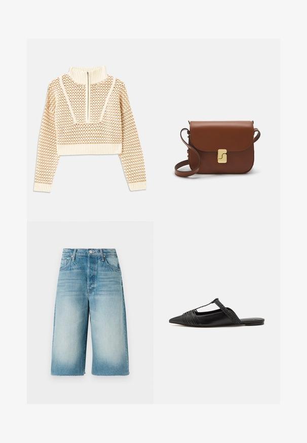 Šviesiai kreminis sutrumpintas megztinis su užtrauktuku ir apykakle, turintis tekstūruotą raštą bei gaubtus ir apykaklę su banguotais kraštais. Sujungia megztą ir audinį.; Šviesiai mėlyni džinsiniai šortai su išblukusiu efektu. Turi tiesų, platų kirpimą ir nutrintą apvają, su priekinėmis ir galinėmis kišenėmis.; Juodos odinės slingback bateliai su smailiu pirštu, turintys audinį akcentą ir raukšlėtą viršutinį dizainą. Lygus padas su minimaliais aksesuarais.; Ruda odinė rankinė su uždaromu dangteliu, aukso spalvos detalėmis, petneša ir lygiu paviršiumi. Kompaktiška stačiakampio formos.
