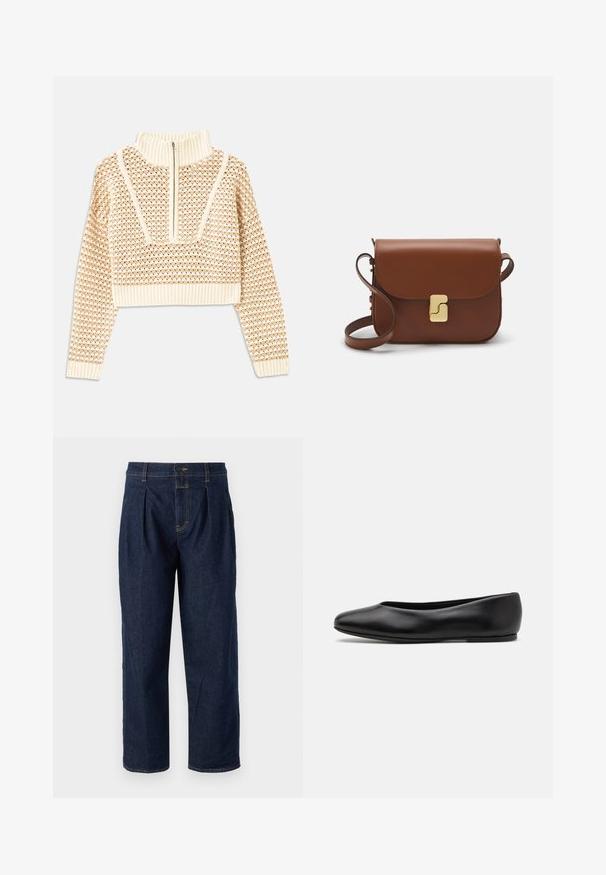 Light beige cropped sweater with a zippered mock neck, featuring a textured pattern and ribbed cuffs and hem. Combines knit and woven materials.; Dark blue denim trousers with a high waist, featuring front pleats and a straight-leg cut. Contrast stitching and a single button closure.; Paul Smith TOPANGA - Ballet pumps - black; Brown leather handbag with a flap closure, gold-tone hardware, a shoulder strap, and a smooth texture. Compact rectangular shape.