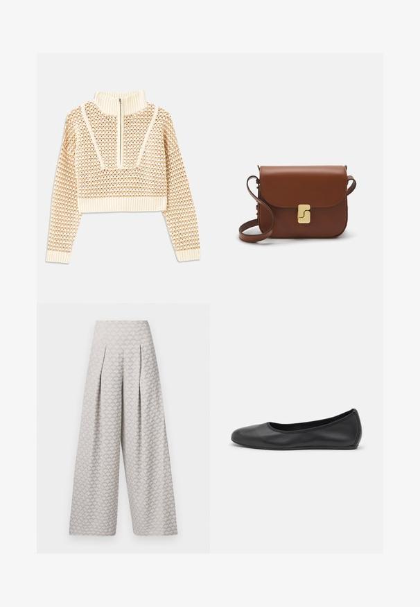 Pulover scurt de culoare bej deschis, cu guler tip mock cu fermoar, având un model texturat și manșete și tiv coagulate. Combină materiale tricotate și țesute.; Pantaloni largi gri deschis, cu un model texturat ce seamănă cu mici triunghiuri, având talie înaltă și pliuri pentru o structură suplimentară.; Balerini din piele neagră, cu vârf rotund, textură netedă, detalii de cusătură minimale și un design al tălpii flexibil.; Geantă de piele maro cu închidere tip capac, accesorii de culoare aurie, curea de umăr și o textură netedă. Formă compactă și rectangulară.