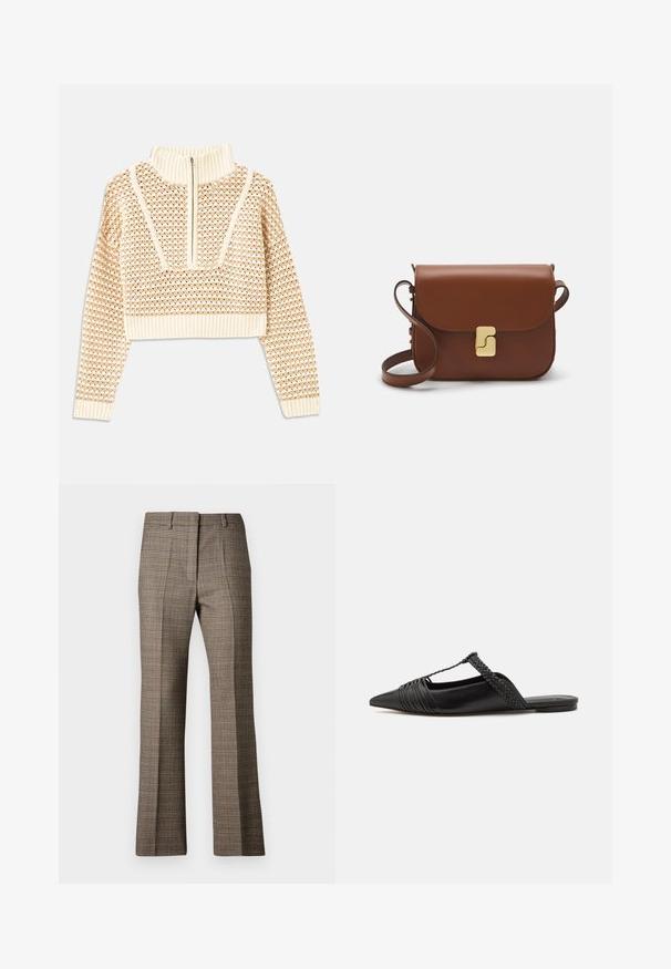 Light beige cropped sweater with a zippered mock neck, featuring a textured pattern and ribbed cuffs and hem. Combines knit and woven materials.; Brown plaid trousers with a straight leg cut, featuring a textured fabric and subtle colors of beige and darker browns throughout the pattern.; Black leather slingback shoe with a pointed toe, featuring a woven accent and pleated upper design. Flat sole with minimal hardware.; Brown leather handbag with a flap closure, gold-tone hardware, a shoulder strap, and a smooth texture. Compact rectangular shape.