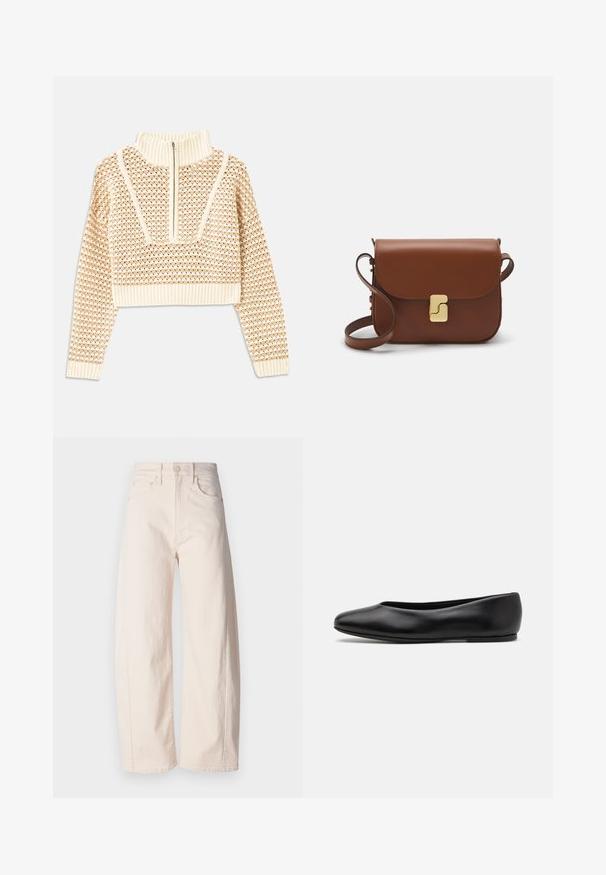 Licht beige cropped sweater met een ritskraag, voorzien van een textuurpatroon en geribde manchetten en onderrand. Combineert gebreide en geweven materialen.; Mother THE HALF PIPE ANKLE - Wide leg - off-white; Paul Smith TOPANGA - Ballerina's - black; Bruine leren handtas met een klep sluiting, gouden hardware, een schouderband en een gladde textuur. Compact rechthoekige vorm.