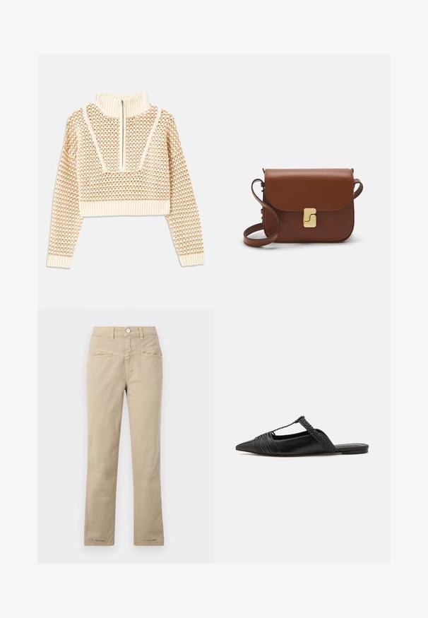Ljusbeige kortad tröja med dragkedja i mock neck, med ett strukturerat mönster samt ribbade mudd och nederkant. Kombinerar stickade och vävda material.; Beige bomullsbyxor med rak passform, med knäppning fram, två framfickor och subtila sömnadsdetaljer.; Svart läderslingback-sko med spetsig tå, med en vävd detalj och plisserad överdel. Platt sula med minimal hårdvara.; Brun läderhandväska med klaffstängning, guldfärgad hårdvara, axelrem och en slät yta. Kompakt rektangulär form.