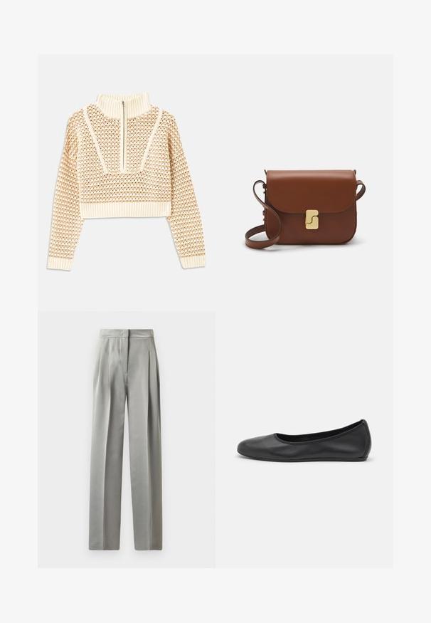 Light beige cropped sweater with a zippered mock neck, featuring a textured pattern and ribbed cuffs and hem. Combines knit and woven materials.; Light gray tailored trousers with a smooth texture, featuring pleats at the front, a wide leg design, and a fitted waistband.; Black leather ballet flat with a rounded toe, smooth texture, minimal stitching detail, and a flexible sole design.; Brown leather handbag with a flap closure, gold-tone hardware, a shoulder strap, and a smooth texture. Compact rectangular shape.