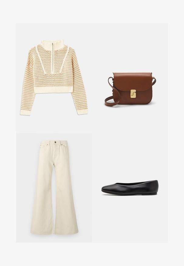 Light beige cropped sweater with a zippered mock neck, featuring a textured pattern and ribbed cuffs and hem. Combines knit and woven materials.; Light beige flared jeans made of cotton. Features a high waist, five pockets, and a button closure with contrasting stitching details.; Paul Smith TOPANGA - Ballet pumps - black; Brown leather handbag with a flap closure, gold-tone hardware, a shoulder strap, and a smooth texture. Compact rectangular shape.