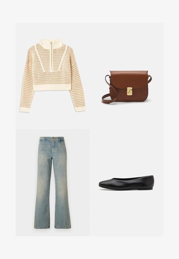 Light beige cropped sweater with a zippered mock neck, featuring a textured pattern and ribbed cuffs and hem. Combines knit and woven materials.; Light blue denim wide-leg jeans with a high waist, button closure, and faded texture. Features classic five-pocket design and straight legs.; Paul Smith TOPANGA - Ballet pumps - black; Brown leather handbag with a flap closure, gold-tone hardware, a shoulder strap, and a smooth texture. Compact rectangular shape.