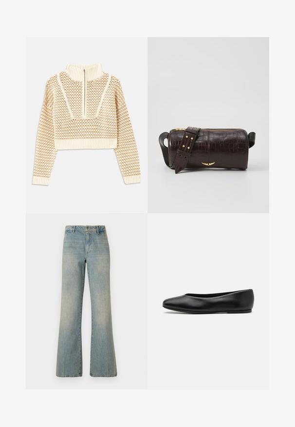 Jasnobeżowy krótki sweter z zapięciem na zamek błyskawiczny przy kołnierzu w stylu stójki, z teksturowanym wzorem oraz prążkowanymi mankietami i dołem. Łączy materiały dziane i tkane.; Jasnoniebieskie dżinsy szerokie w nogawkach z wysokim stanem, z zapięciem na guziki i wyblakłą teksturą. Posiadają klasyczny design pięciu kieszeni oraz proste nogawki.; Paul Smith TOPANGA czarny; Brązowa torba ze skóry z tłoczeniem krokodyla w kształcie cylindrycznym, z metalowymi elementami w kolorze złotym oraz odczepianym paskiem z ćwiekami.