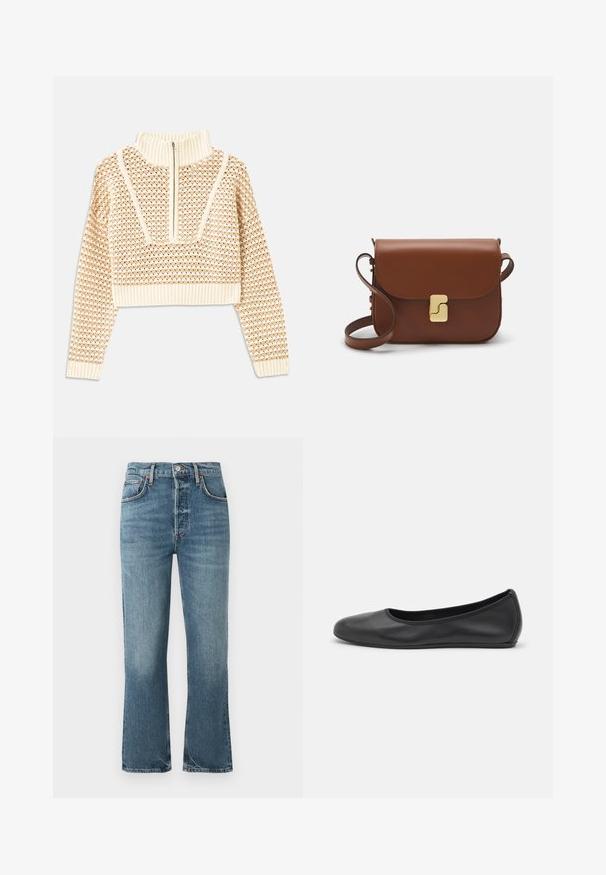Ljusbeige kortad tröja med dragkedja i mock neck, med ett strukturerat mönster samt ribbade mudd och nederkant. Kombinerar stickade och vävda material.; Ljusblå denimjeans med hög midja, rak bendesign och subtila blekningar. Har klassisk femfickestil och metallknappslutning.; Svart läderballerinaskor med rund tå, slät yta, minimala söm detaljer och en flexibel sula.; Brun läderhandväska med klaffstängning, guldfärgad hårdvara, axelrem och en slät yta. Kompakt rektangulär form.
