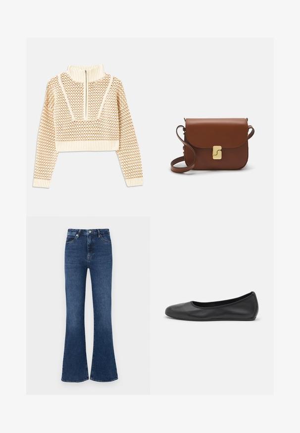 Light beige cropped sweater with a zippered mock neck, featuring a textured pattern and ribbed cuffs and hem. Combines knit and woven materials.; Dark blue flared jeans made of denim, featuring a high waist, standard five-pocket design, and subtle stitching accents.; Black leather ballet flat with a rounded toe, smooth texture, minimal stitching detail, and a flexible sole design.; Brown leather handbag with a flap closure, gold-tone hardware, a shoulder strap, and a smooth texture. Compact rectangular shape.